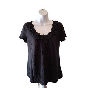 Ann Taylor Loft Top M Black Ruffled Scoop Neck Short Sleeve Goth Classiccore